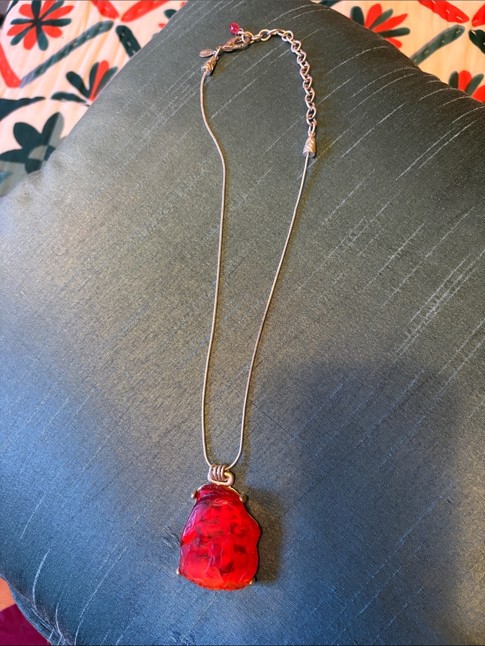 Chico's Red Glass Pendant Necklace with Silver-Tone Chain